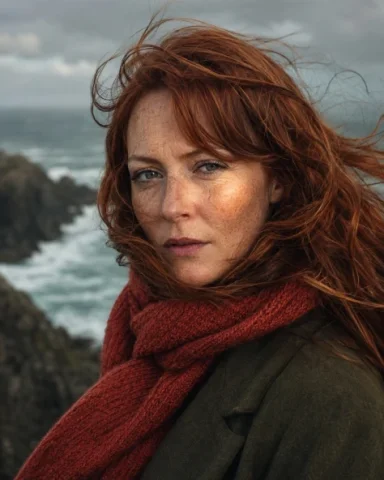 Red Scarf in the Sea Wind — GPT Image 2.5 AI Prompt: A windswept portrait photograph of a fictional adult freckled Irish woman, 33, a...