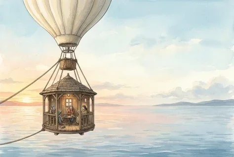 Morning in a Floating Library — Nano Banana 2 AI Prompt: An original poetic editorial illustration of a small circular wooden reading pav...