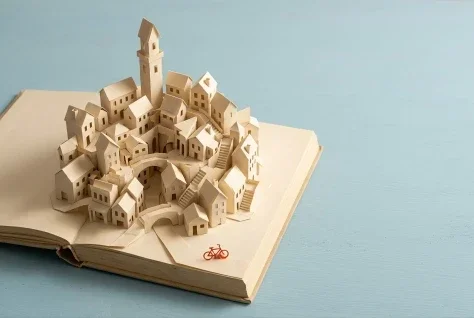A Paper City Unfolds — Nano Banana 2 AI Prompt: An original intricately crafted paper sculpture photographed on a pale blue tabl...