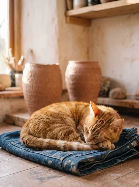 Sleeping Cat in a Pottery Studio