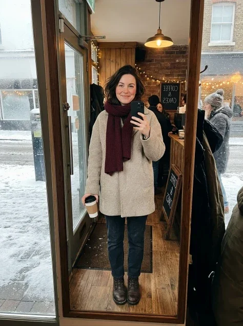 Snowy Café Mirror Selfie