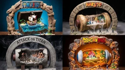 Manga Desktop Diorama Model Kit — Nano Banana 2 AI Prompt: { "Aesthetic": "Physical Desktop Diorama, Resin and Clay Model Kit", "Subject":...