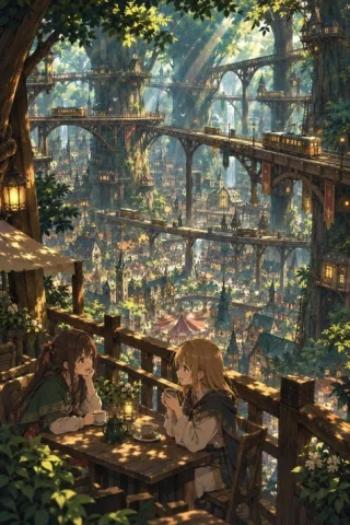 Anime Forest Tram City Café — GPT Image 2.5 AI Prompt: Create a richly detailed vertical anime fantasy illustration of two young women...