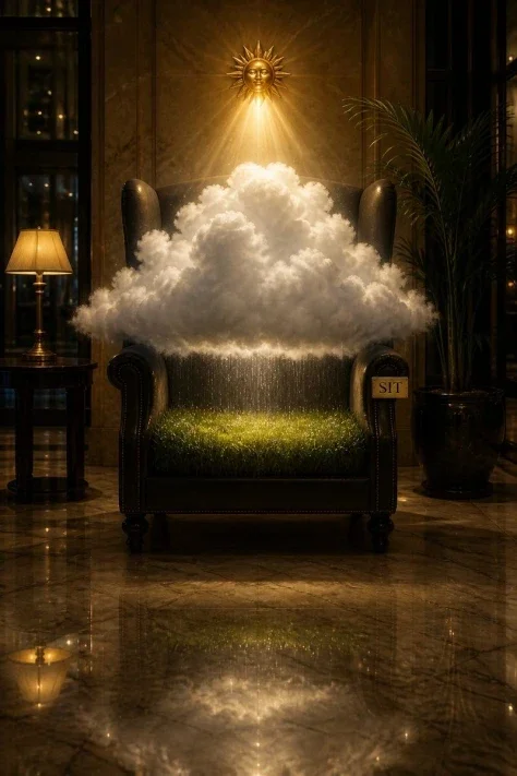 Surreal Weather Scene in Hotel Lobby