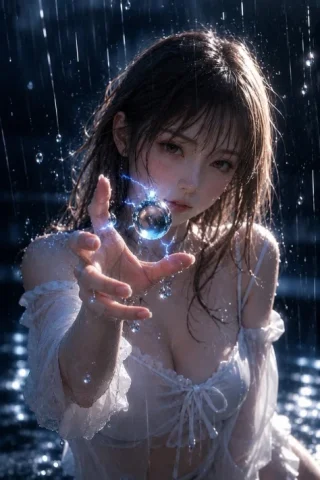 Magical Night Rain Orb — GPT Image 2.5 AI Prompt: Subject: Blue sphere connecting raindrops Subject: A fantastic vertical image i...