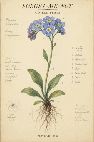 Vintage Botanical Forget-me-not Poster — GPT Image 2.5 AI Prompt: A scientific botanical poster on cream paper. A single oversized forget-me-not p...