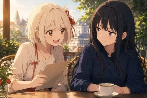 Anime Café Terrace Friends — GPT Image 2.5 AI Prompt: Create a polished anime-style single-panel illustration of two young women sitti...