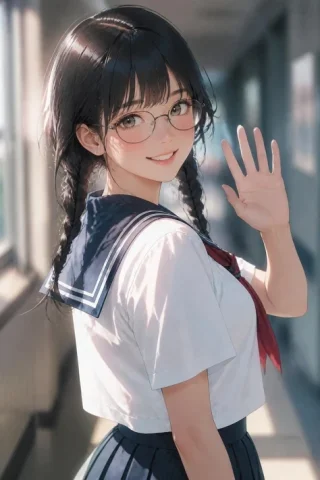 Waving Schoolgirl in Sunlit Hallway — GPT Image 2.5 AI Prompt: Create a high-quality vertical anime-style portrait of a cheerful Japanese high...