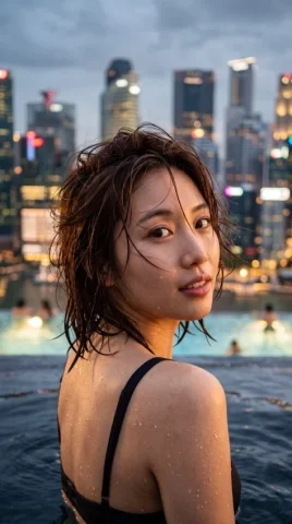 Urban Twilight Over-the-Shoulder Portrait — Nano Banana 2 AI Prompt: ar 9:16 4K A highly realistic, cinematic close-up portrait of a young East Asia...