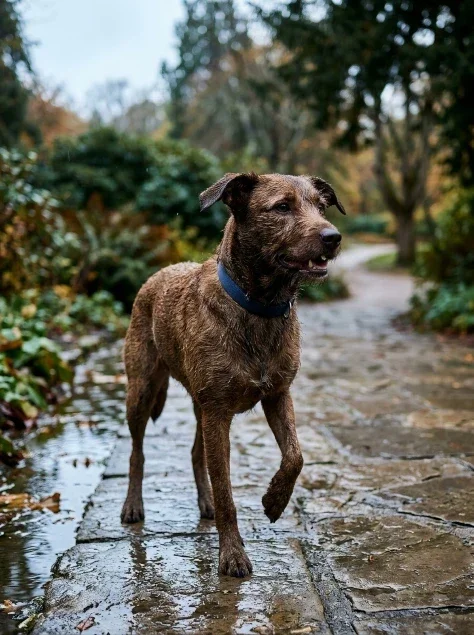 Brown Dog on a Rainy Park Path