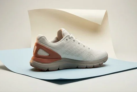 Running Shoe Between Folded Paper — Nano Banana 2 AI Prompt: An original high-end footwear product photograph of one unbranded minimalist run...