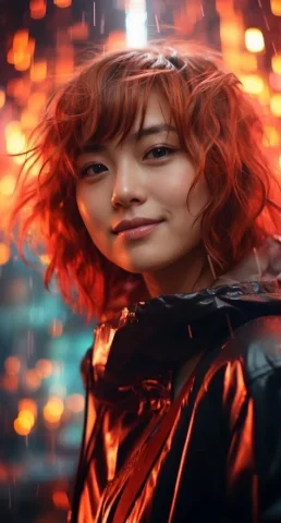 Cinematic Rainy City Portrait — Nano Banana 2 AI Prompt: Cinematic close-up portrait of a stunning young woman with tousled, wavy auburn-...