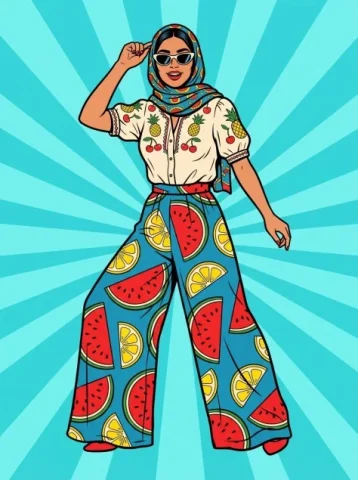 Pop Art Summer Fruit Fashion Illustration — Nano Banana 2 AI Prompt: Bright pop art summer illustration, unveiled Middle Eastern woman, wide-leg trou...
