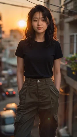 Urban Cinematic Golden Hour Portrait — Nano Banana 2 AI Prompt: A medium-shot portrait of a beautiful young woman with long, wavy brown hair ill...