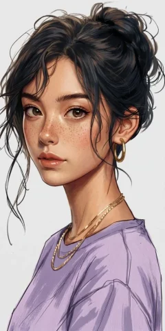 Sketch-Style Portrait Illustration — Nano Banana 2 AI Prompt: a captivating digital illustration of a young woman with a sun-kissed complexion...