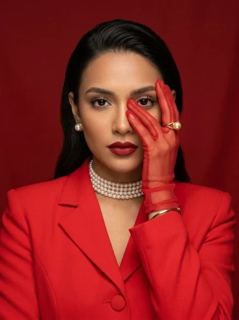 Red Mesh Glove Studio Portrait