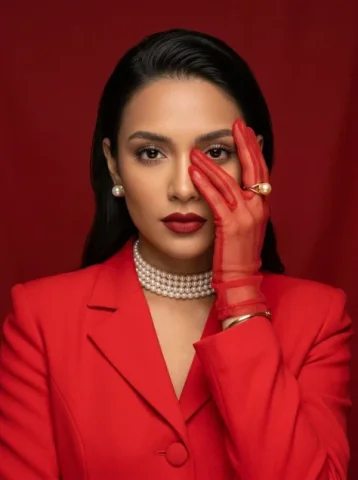 Red Mesh Glove Studio Portrait — Nano Banana 2 AI Prompt: Full-face studio fashion portrait of a woman looking directly into the camera, o...