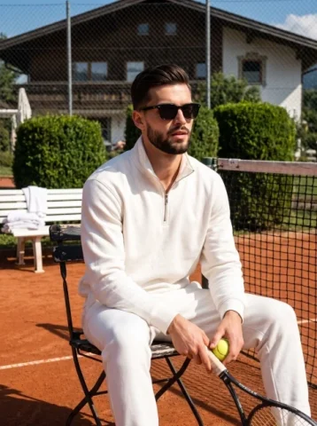 Athletic Man Tennis Court Editorial — Nano Banana 2 AI Prompt: A young athletic man sits casually in the center of the frame, leaning slightly...