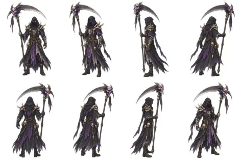 2D Necromancer Game Asset Sprite — GPT Image 2.5 AI Prompt: generate a 2d necromancer with a scythe as an animation ready game asset on a tr...