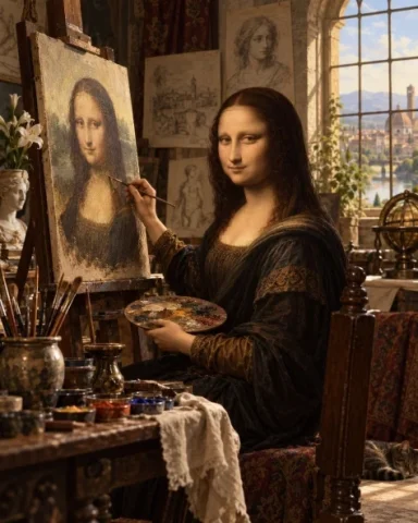 Mona Lisa Painting Herself — GPT Image 2.5 AI Prompt: Mona Lisa seated inside an authentic Renaissance-era artist studio in Florence,...