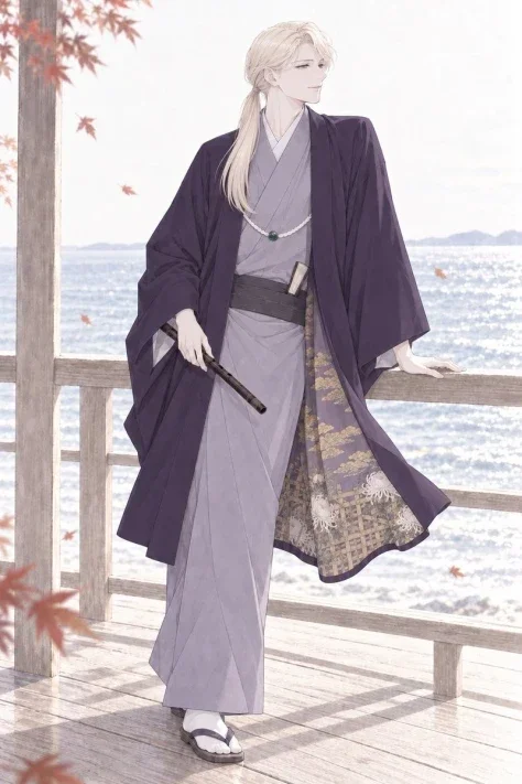 Elegant Autumn Kimono Man by the Sea