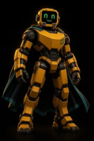 Heroic Yellow Robot with Cape — GPT Image 2.5 AI Prompt: Create a clean, high-detail full-body 3D character render of Solip, a friendly h...