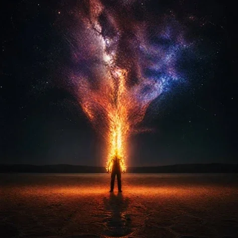 Surreal Cosmic Desert Fire Man — GPT Image 2.5 AI Prompt: A lone man standing in a vast, dark desert salt flat. He is on fire with a tower...