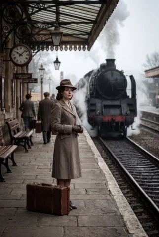 1940s European Railway Station — GPT Image 2.5 AI Prompt: Create an ultra photorealistic cinematic historical photograph in a 2:3 portrait...