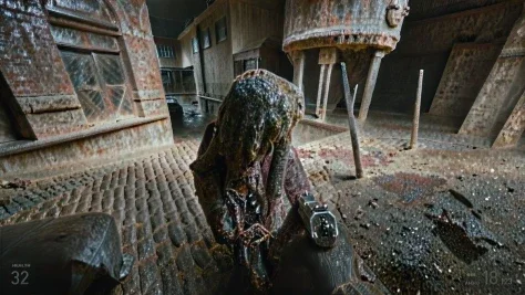 Ruined Survival-Horror FPS Scene — GPT Image 2.5 AI Prompt: Create a gritty first-person survival-horror video game screenshot in a ruined i...