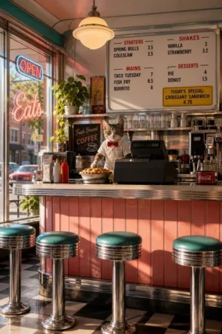 Cat Cashier Retro Diner — GPT Image 2.5 AI Prompt: A photorealistic retro diner, bright and cheerful. The menu board behind the cou...