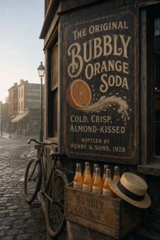 1920s Soda Shop Sign — GPT Image 2.5 AI Prompt: A photorealistic street corner in 1928. A large hand-painted shop sign on a wood...