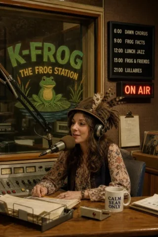 1970s Radio Studio Scene — GPT Image 2.5 AI Prompt: A photorealistic 1970s radio studio. A painted sign on the window reads "K-FROG...