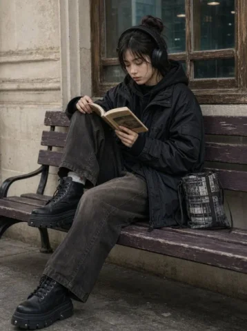 All-Black Street Reading Portrait — GPT Image 2.5 AI Prompt: Create a photorealistic street-fashion portrait of a young East Asian woman in a...