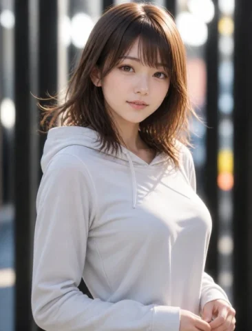 Outdoor White-Hoodie Portrait — GPT Image 2.5 AI Prompt: Create a photorealistic outdoor portrait of a young East Asian woman standing in...