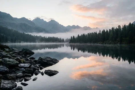 Alpine Lake in Dawn Mist — Nano Banana 2 AI Prompt: A restrained fine-art landscape photograph of a small alpine lake at dawn, its s...