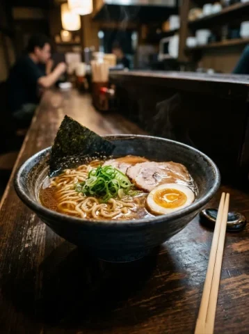 Late-Night Shoyu Ramen — Nano Banana 2 AI Prompt: An appetizing realistic food photograph of a single deep charcoal ceramic bowl o...