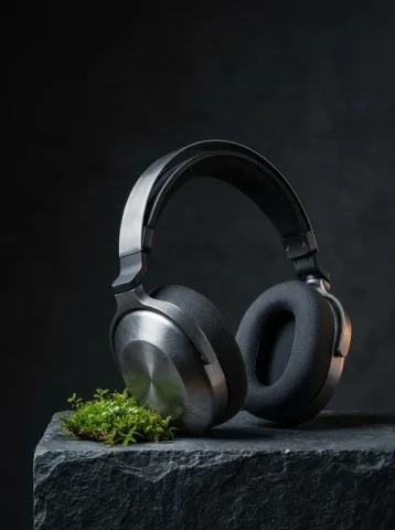 Titanium Headphones on Slate — Nano Banana 2 AI Prompt: A premium original product still-life photograph of one pair of unbranded over-e...