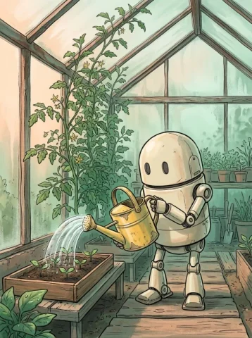 The Greenhouse Gardening Robot — Nano Banana 2 AI Prompt: An original authored 2D anime illustration of a small practical gardening robot...