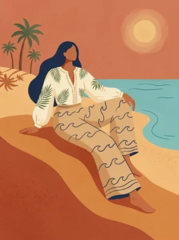 Egyptian Summer Fashion Illustration — Nano Banana 2 AI Prompt: 2D editorial illustration inspired by Egyptian North Coast summer, unveiled Midd...