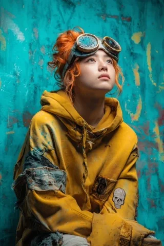 Post-Apocalyptic Girl with Welding Goggles — Nano Banana 2 AI Prompt: Cinematic portrait of a young girl with messy vibrant ginger hair tied in a loos...