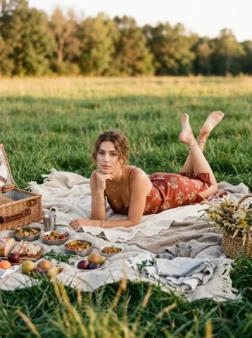 Rust Silk Dress Picnic Editorial — Nano Banana 2 AI Prompt: Create a warm late-afternoon fashion editorial built around an abundant picnic s...