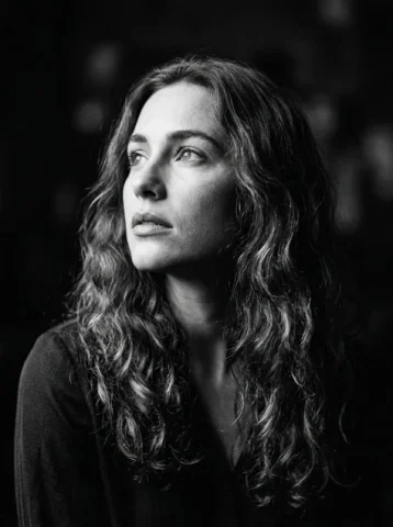 Black and White Chiaroscuro Portrait — Nano Banana 2 AI Prompt: Portrait of a woman with long, wavy hair, looking up and to the side. Black and...