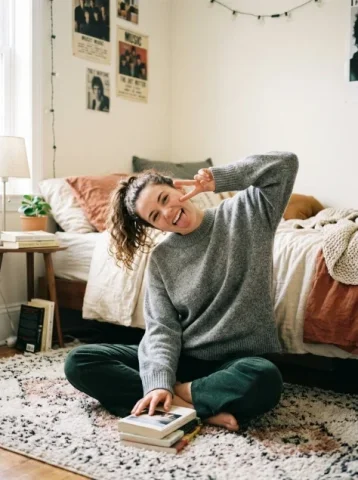 Playful Bedroom Lifestyle Photography — Nano Banana 2 AI Prompt: Professional photography style and Give a new angle and pose of our model hangin...