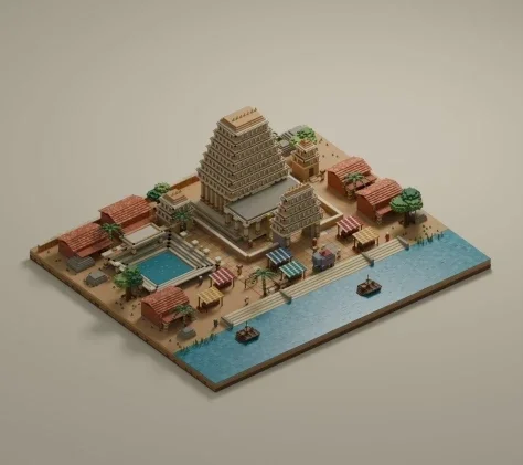 Isometric Voxel River Temple City — GPT Image 2.5 AI Prompt: Create a detailed isometric voxel diorama of an ancient stepped temple complex b...