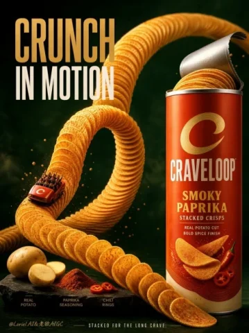 Premium Stacked Crisp Advertising Poster — GPT Image 2.5 AI Prompt: Create a Cannes-level flagship advertising poster for an original stacked crisp...