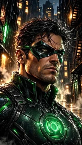 Dark Comic Book Superhero Portrait — GPT Image 2.5 AI Prompt: A dramatic comic-book portrait of a stern male superhero in a dark emerald suit...