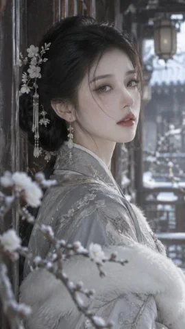Oriental Classical Winter Garden Portrait — GPT Image 2.5 AI Prompt: 9:16 vertical version, cinematic ancient style makeup portrait, close-up of an O...