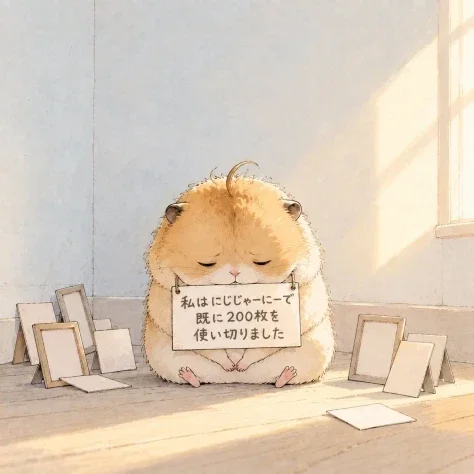 Fluffy Hamster Holding Japanese Sign — GPT Image 2.5 AI Prompt: Create a warm, softly lit storybook watercolor illustration of a very fluffy gol...