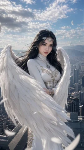 Modern Angel Rooftop Portrait — GPT Image 2.5 AI Prompt: A realistic digital portrait of a beautiful East Asian woman as a modern angel s...
