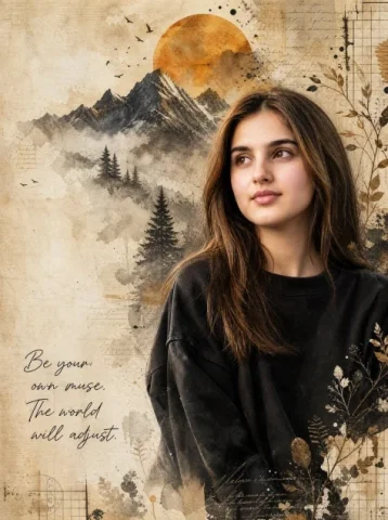 Vintage Mixed-Media Muse Portrait — GPT Image 2.5 AI Prompt: Create a highly detailed artistic mixed-media portrait using a realistic young w...